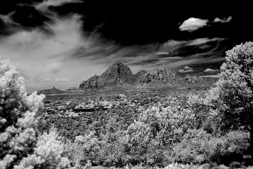 Infrared Black and white country mountains surrounding Sedona Arizona
