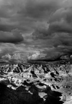 Cloudy day Black and white late afternoon in the Grand Canyon Arizona.