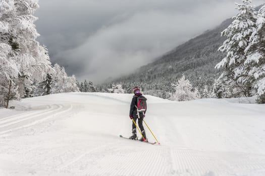 Woman with black ski wear, helmet and backpack skiing down the top of the mountain in ski centre, stryn with clouds and trees in the background, rear view, horizontal