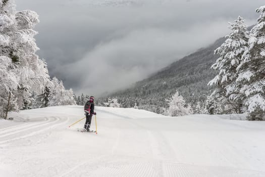 Woman with black ski wear, helmet and backpack skiing down the top of the mountain in ski centre, stryn with clouds and trees in the background, rear view, horizontal