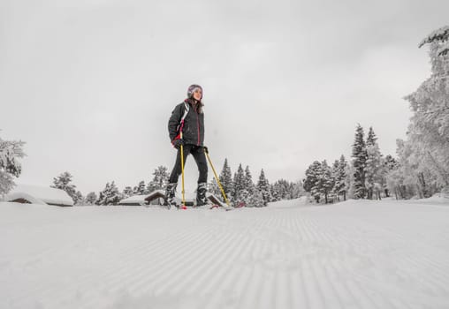 Woman with brown hair, wearing ski wear, standing in the valley after skiing down the top of the mountain, overcast low angle view, horizontal
