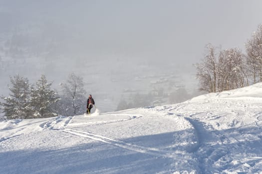 Woman with brown hair, wearing black ski wear and helmet skiing down the top of a mountain, rear view, beautiful snow landscape with trees, valley in the distance, fog, horizontal