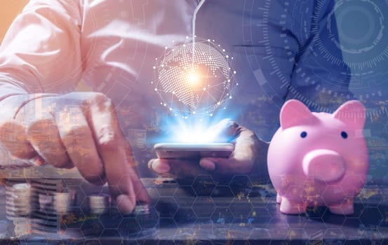 Double Exposure, Online Banking Savings Concept, Online Investment Savings, Online Stock Investors, Internet Financial Transactions, Save Monney for Investors Using Internet to Trade Stocks or Trade Fund