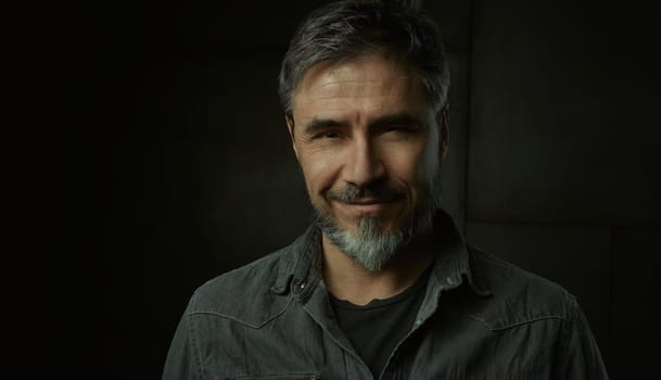 Portrait of casual older man with beard against dark background.