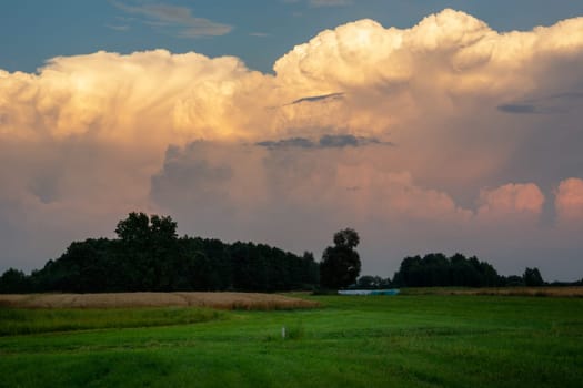 Spectacular colorful clouds over the forest and meadow, Nowiny, Poland