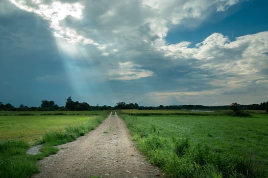 Sunbeams in the clouds and dirt road, Nowiny, Lubelskie, Poland