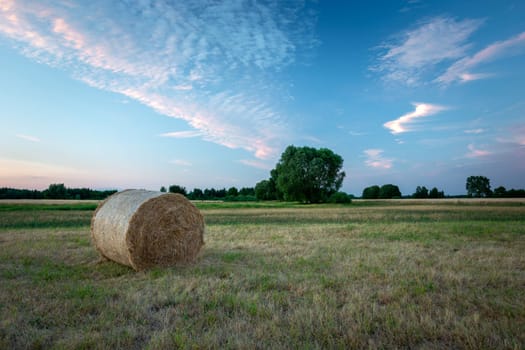 A single bale of hay on a meadow and the evening sky, Nowiny, Poland