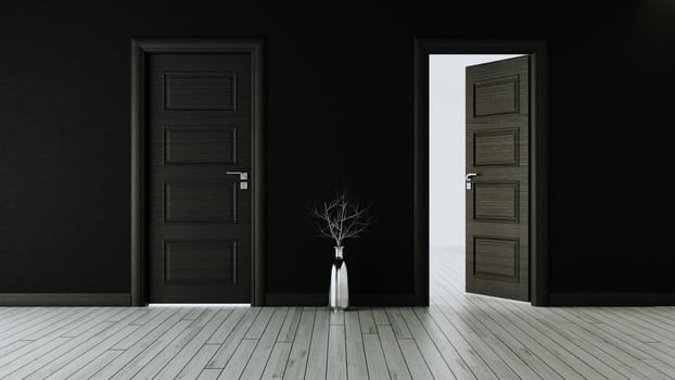 Black wall with black opened door and closed door, white wooden floor, chrome vase and dry plant realistic 3D rendering