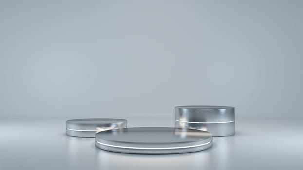 Chrome cylinder platform abstract background with neon light shiny metallic podium. Realistic product stand 3D rendering
