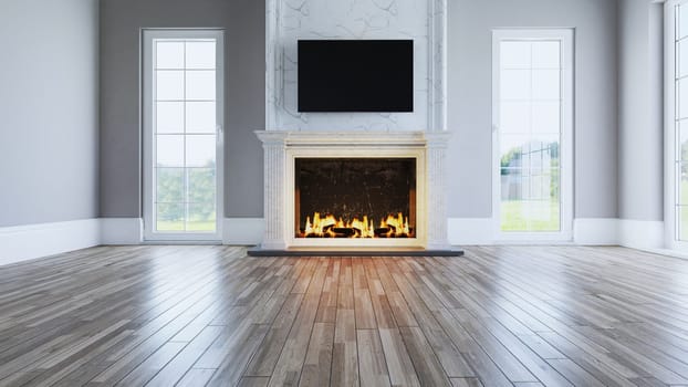 Marble fireplace concept designed in classical architecture in the empty living room with wooden floor and painted wall concept 3D rendering
