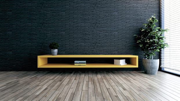 Minimalist design tv space for modern office or homes. Thought design idea with black brick wall, small plant 3D rendering