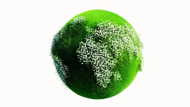 Background recycling and environment concept where the whole world is covered with green grass, where the continents are shown with white flowers 3D rendering