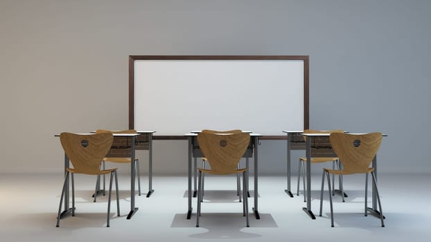 empty modern classroom concept with wooden desk, chair and white board background 3D rendering