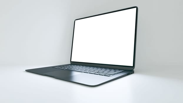 dark gray aluminum case laptop concept with empty screen and effective lighting floor concept background 3D rendering