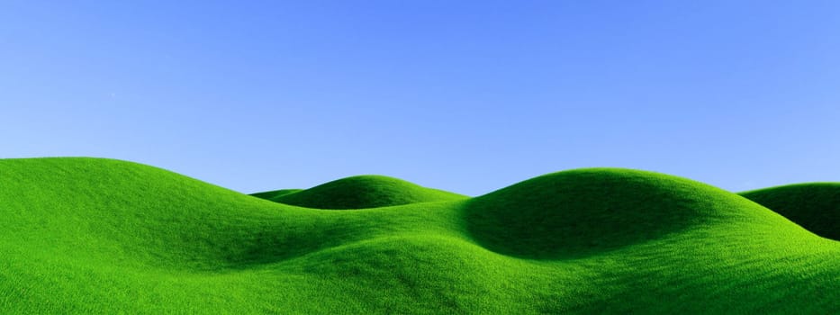Roughness hills landscape with green grass and white flowers background 3D rendering