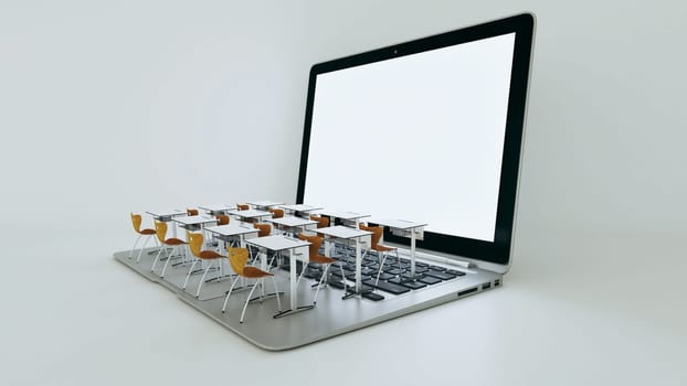 Digital classroom concept for online education. modern classroom desks on the laptops keyboard. Social distance education. 3D rendering