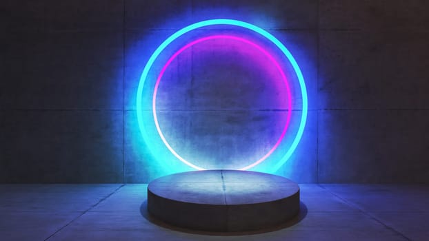 Product display area concept created with concrete cylinder product platform and neon circular rings on concrete wall 3D rendering