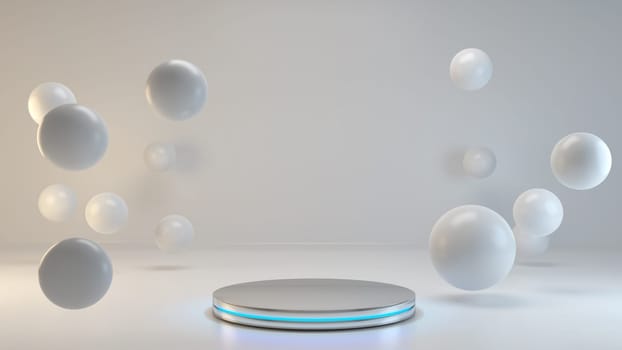 Product display area concept created with globe shapes and chrome circular neon illuminated stand idea background 3D rendering