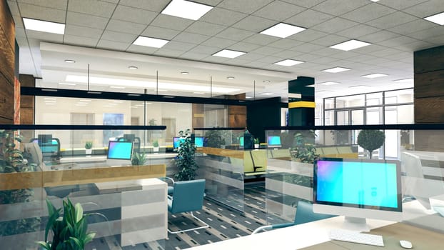Large open space office perspective interior design realistic 3D rendering