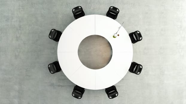 modern circular meeting table top view with office chairs and concrete floor concept background 3D rendering