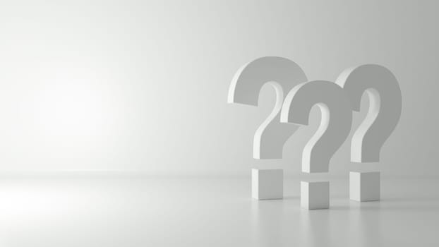 Question marks concept in gray empty room realistic abstract background 3D rendering
