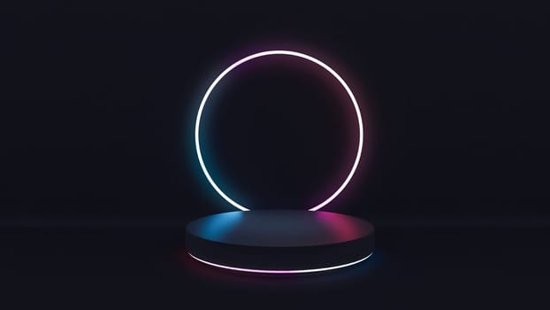 Product display area concept created with concrete cylinder product platform and red, blue, purple neon circular rings on black floor and wall 3D rendering
