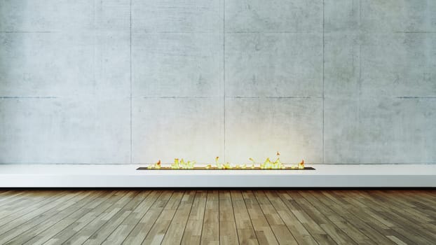 Modern fireplace design idea with concrete wall and wood parquet veneer flooring for home and office place. 3D rendering