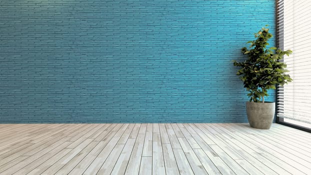 Minimalist blue brick wall for modern office or homes small plant 3D rendering