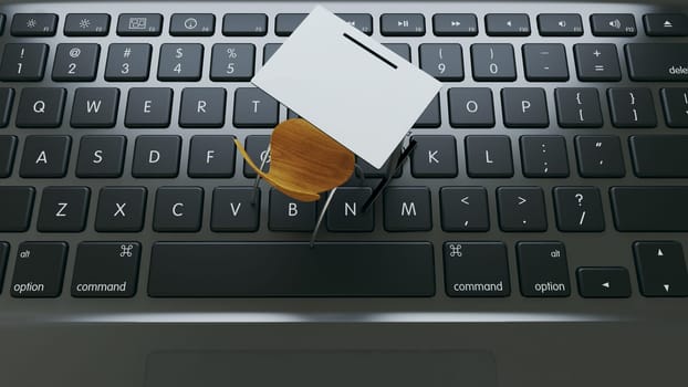 Online classroom concept for online education. modern classroom wooden desks on the laptops black keyboard. 3D rendering
