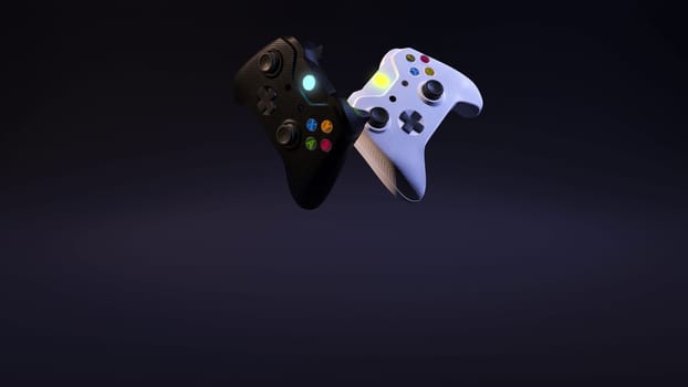 Game competition. White and black joystick with black background under spot light 3D rendering