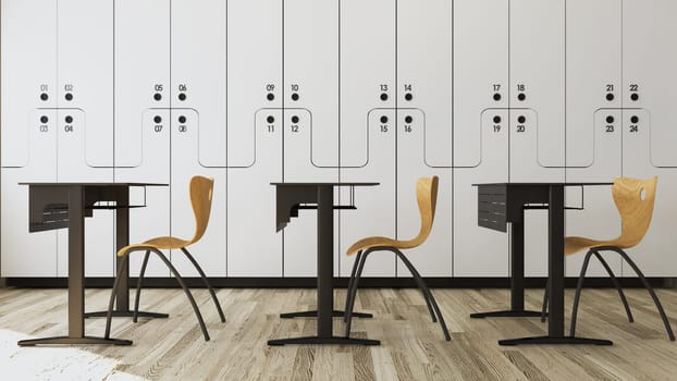 White wooden numbered Student locker in modern empty classroom with wooden chair and desk concept 3D rendering.