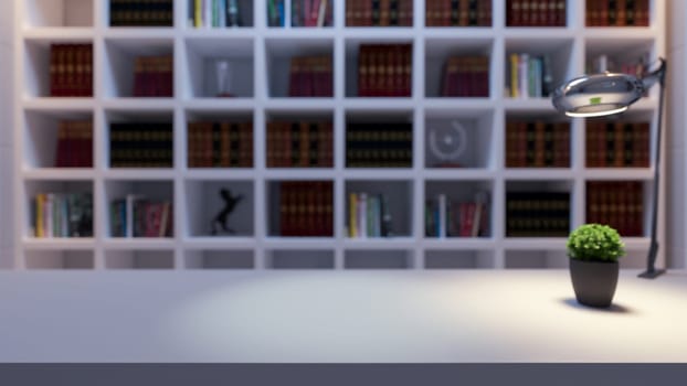 Wooden  white desk, plant and table lamp front of white bookshelf with modern and classic books from library deep of field effect 3D rendering