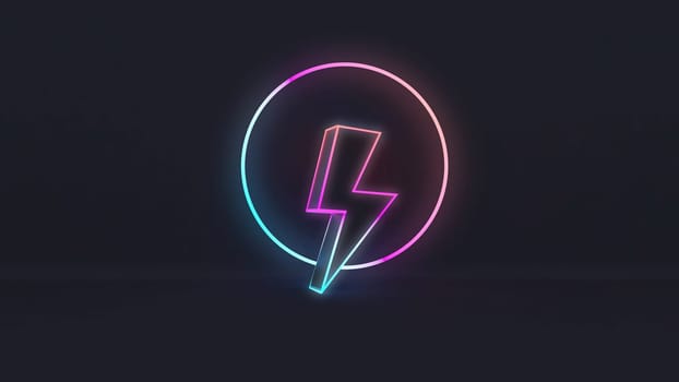 The concept of circle and thunderbolt figures created with colorful neon lighting with dark blue background 3D rendering