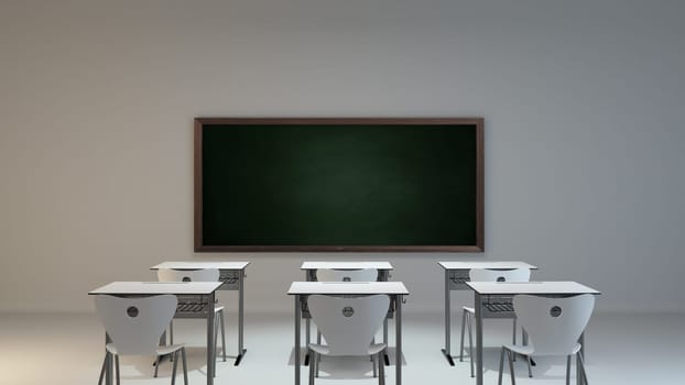 empty modern classroom concept with white desk, chair and green blackboard background 3D rendering