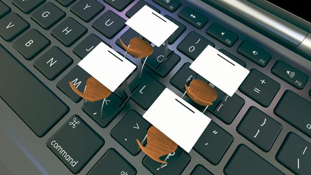 Digital classroom concept for online education. modern classroom desks on the laptops black keyboard. 3D rendering