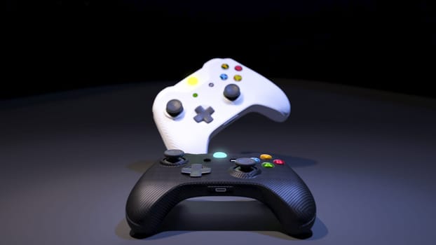 Game competition. White and black joystick with black under spot light background 3D rendering