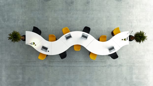 Modern meeting room top view with wavy white desk, chairs, concrete floor concept 3D rendering
