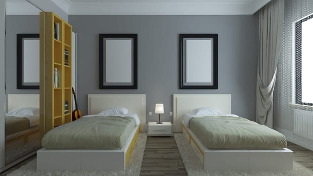 Modern dorm room, grey walls, yellow bookcase, twin bed with photo frame interior design concept 3D rendering