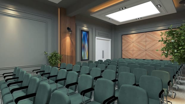 Modern conference hall concept design with green chairs and wooden wall 3D rendering
