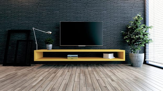 Minimalist design tv space for modern office or homes. Thought design idea with black brick wall, photo frames, table lamp and plant 3D rendering