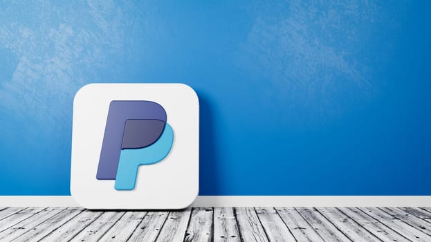 Paypal Logo Icon 3D Symbol Shape on Wooden Floor Against Blue Wall with Copy Space 3D Render Illustration