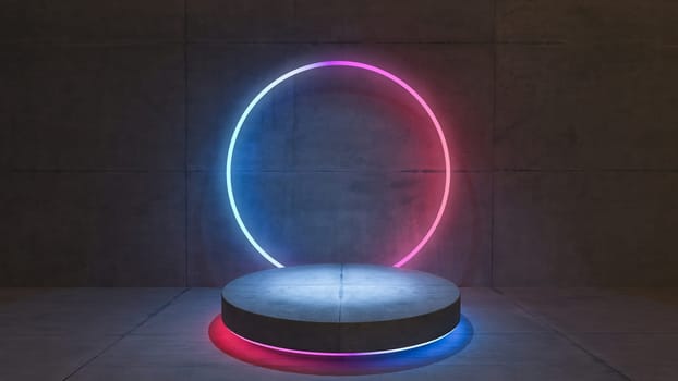 Product display area concept created with concrete cylinder product platform and red, blue neon circular rings on concrete wall 3D rendering