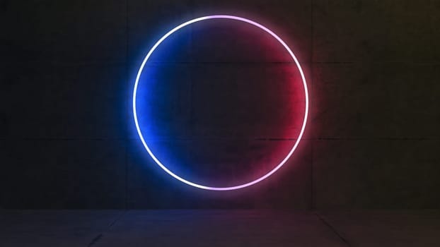 Product display area concept created with neon circular rings on concrete wall 3D rendering