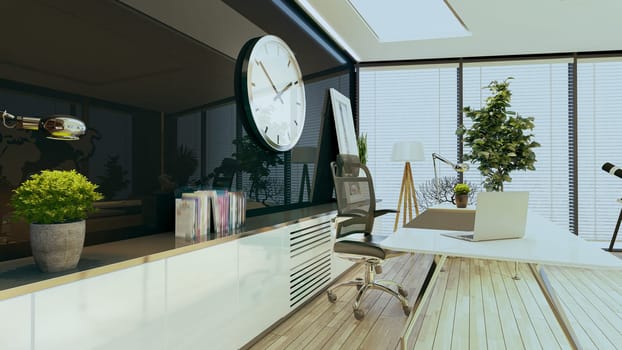 Modern office concept with table, watch, floor and table lamp, books, plant, wooden parquet floor and black reflect background design idea 3D rendering