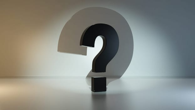 Black question marks under spot light concept in empty room realistic abstract background 3D rendering