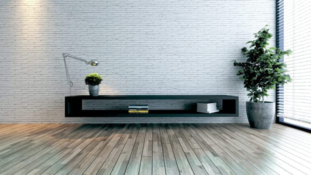 Minimalist design tv space for modern office or homes. Thought design idea with white brick wall and black tv unit, small plant 3D rendering