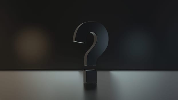 Black question marks under spot light concept in dark empty room realistic abstract background 3D rendering