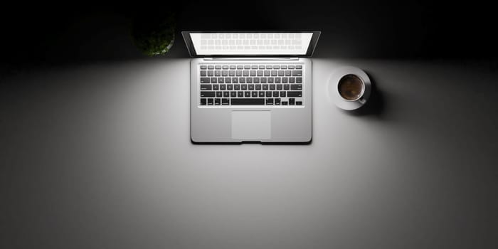 Top view of laptop concept with white desk under spot light and coffee cup concept background 3D rendering