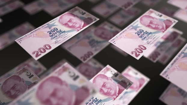 Turkish currency lira banknotes flying regularly in the air financial economy background concept 3D rendering