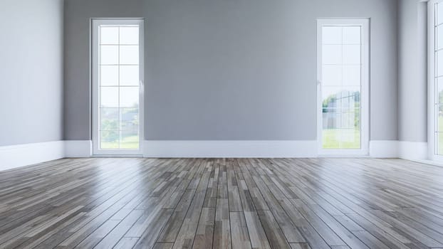 Empty living room with wooden floor, windows and painted wall concept 3D rendering